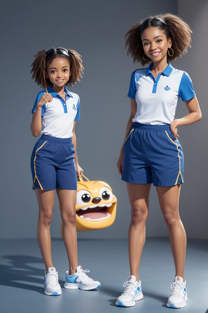Fun disney pixar character,3d,very small, with curly hair tied on top of the head, brown skin, in blue polo blouse, de legging, in white tennis shoes and with an angry look and smile quality 8
