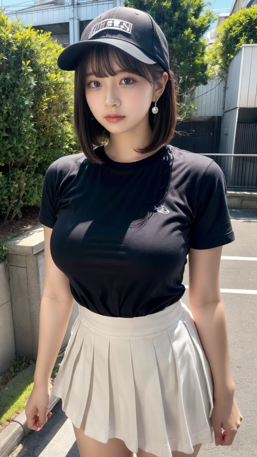 masterpiece, best quality, illustration, Super detailed, fine details, High resolution, 8K,wall paper, perfect dynamic composition,(Details High quality, realistic depiction of eyes:1.3), baseball cap, earrings, (white t-shirt), (black pleated skirt), short bob hair, black hair color, Big Natural Color Lip, sexy pose, (perfect body shape), crying a little、cold gaze, Harajuku style、20 year old girl、cute type、lolita, hposing Gravure Idol, full body photo、focus on crotch, huge breasts