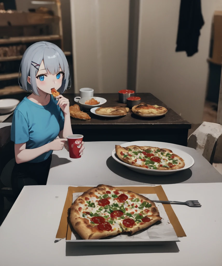 Dark Theme, masterpiece, Highest quality, Absurd, detailed, ultra-detailed,One girl, alone, View your viewers, short hair, blue eyes, shirt, hair ornaments, Holding, Mouth closed, Gray Hair, food, Hair Clip, indoor, Blurred, cup, table, Holding food, blue shirt, x hair ornaments, Photo Background, pizza, Holding pizza,