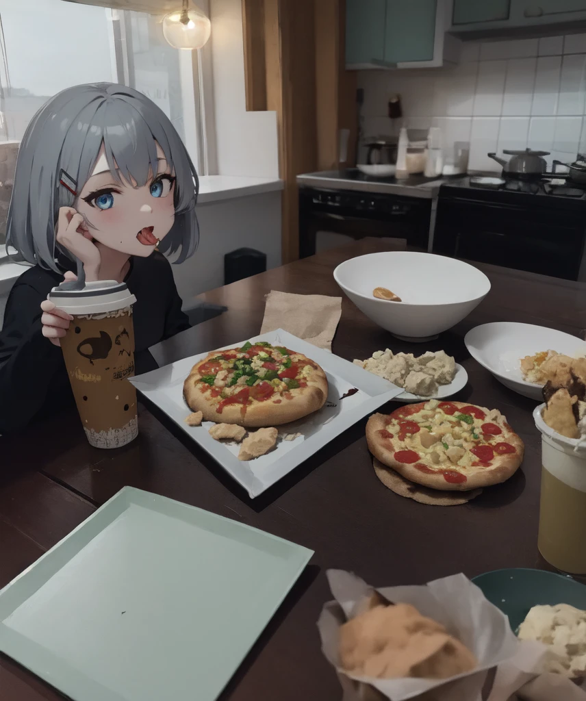 Dark Theme, masterpiece, Highest quality, Absurd, detailed, ultra-detailed,One girl, alone, View your viewers, short hair, blue eyes, shirt, hair ornaments, Holding, Mouth closed, Gray Hair, food, Hair Clip, indoor, Blurred, cup, table, Holding food, blue shirt, x hair ornaments, Photo Background, pizza, Holding pizza,