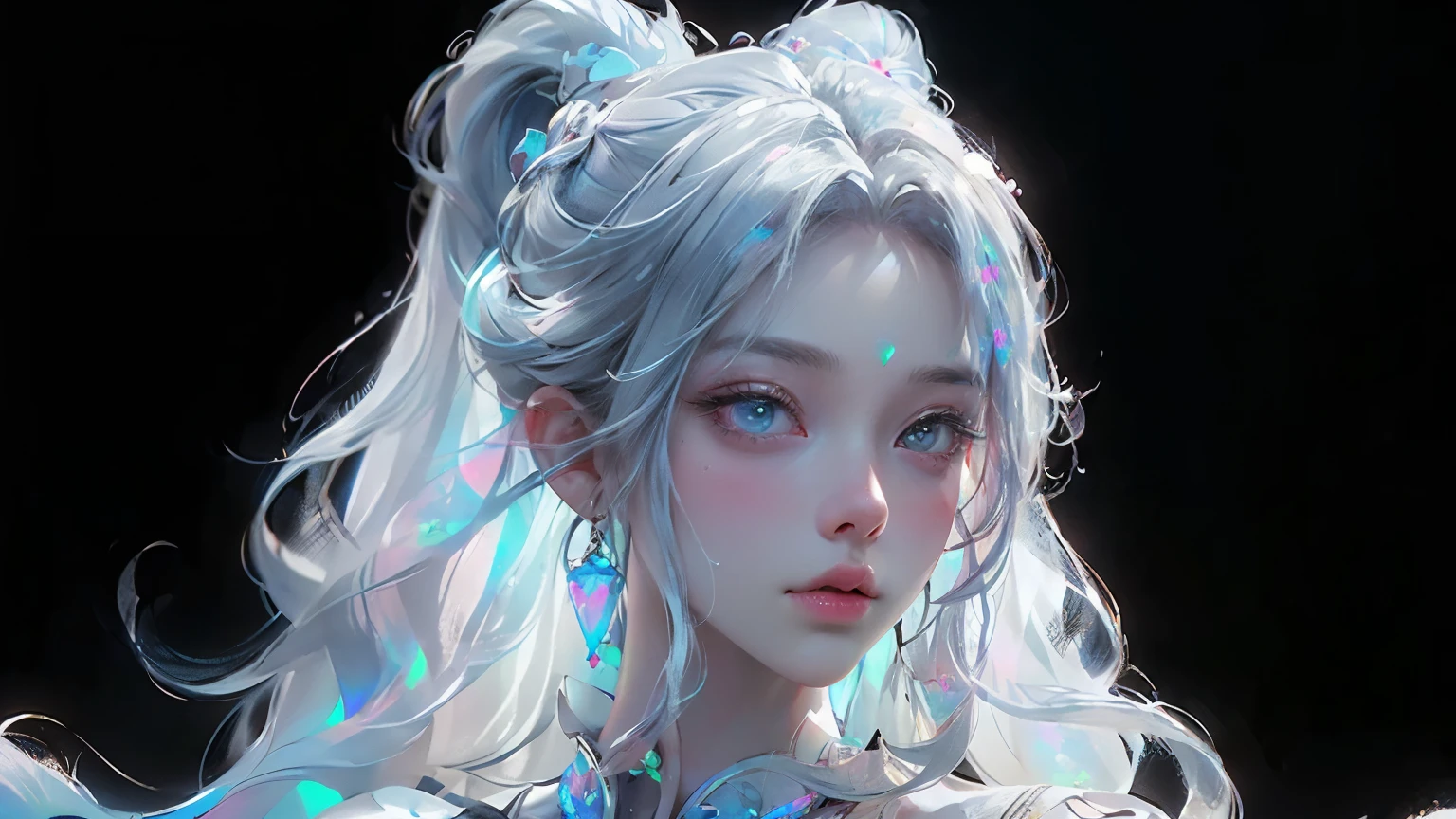 looking away fantasy A girl and dynamic glow reflecting on face long hairs looking at back half turned completely white background (illusion) (bioluminescent transparent(((opal knight girl))) ((very long hair)), featuring a (((black silhouette))), intricate details and opal glowing outlines that give off a (((softly glowing opal blue))), evoking a sense of mystery and fantasy (((8k, Ultra high definition, Intricate details, hyper realistic))) photo realistic, ((white background))howcasing a ((face))) in adorned with intricate ()), with a (((sophisticatedly drawn face))) that reflects a (((detailed, advanced styling process))), reminiscent of Arantza Sestayo and Gustav Doré, against a (((complex, surreal backdrop))) that defies the ordinary, with (((unusual creatures and fantastical elements))) that push the boundaries of reality, all set against a (((highly detailed, 8K environment))), where every detail is hyper-cute and precise plain background