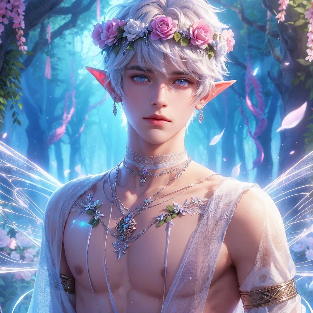Handsome boy, white hair, white eyes, wearing light blue and pink flower crown, wearing white indian loin-cloth, elf ear, "surrounded by light blue, pink, and purple light, magic forest background