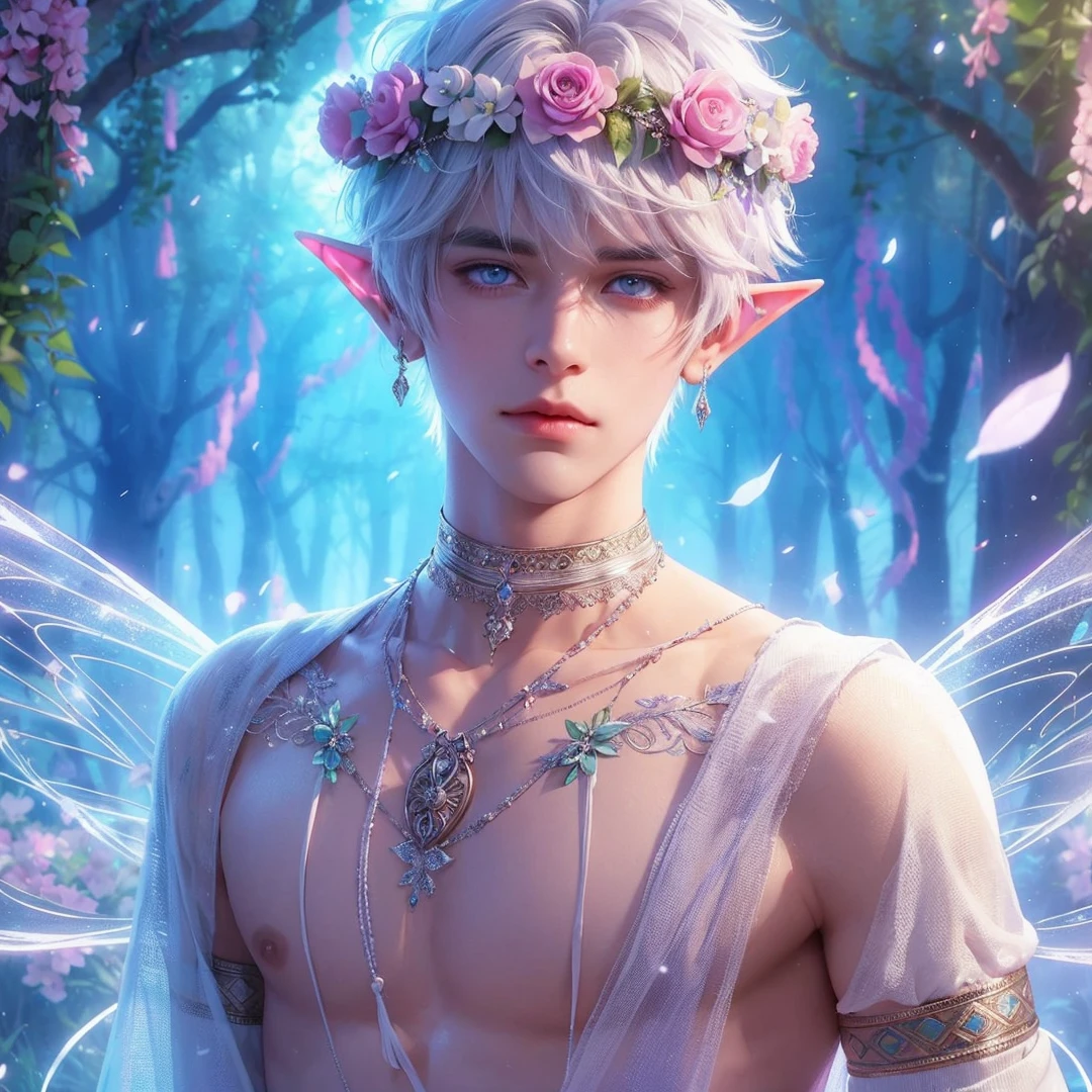 Handsome boy, white hair, white eyes, wearing light blue and pink flower crown, wearing white indian loin-cloth, elf ear, "surrounded by light blue, pink, and purple light, magic forest background