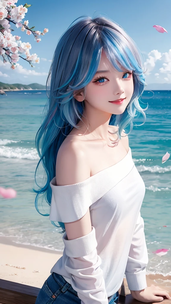 tongue、Huza、put out the tongue、Ahegao ( Silly / Sexual ecstasy)、Photorealsitic, hight resolution, 1 rapariga, white  hair, Korea person, Heterochromia eyes, small moles under eyes, The shirt, Blue-haired、(Blonde mesh)、Beach、plein air、Pigtails straight hair、shortpants、hime-cut、pier、Ahegao