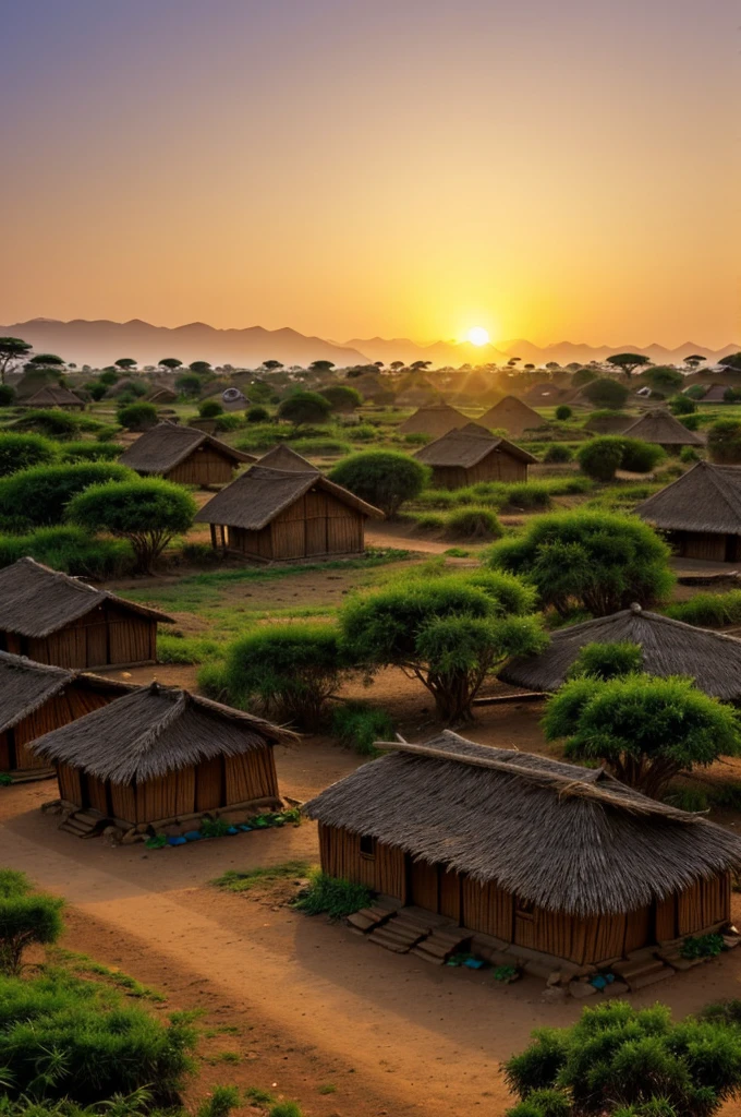 A peaceful African village at sunrise, with traditional huts and villagers starting their day, in a 16:9 aspect ratio.