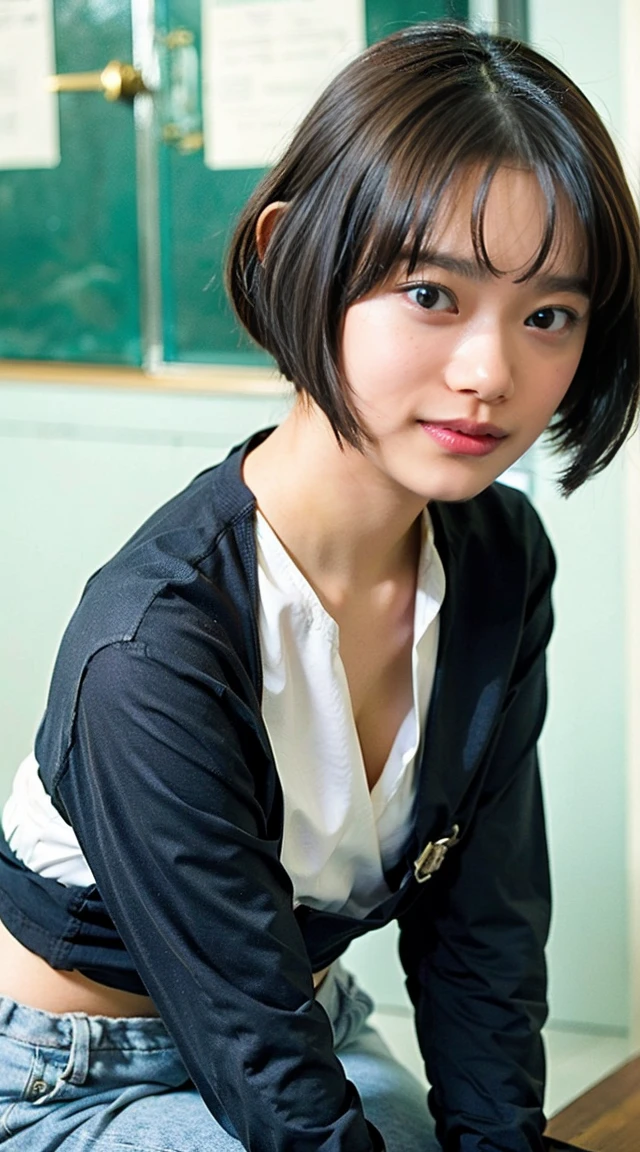 (Small Tits), (18-year-old), (very small head), dawn, sunlight, (Perfect body:1.1), (8K), (Very delicate and beautiful), (Highest quality:1.0), (Realistic), Realistic Shadows, (High resolution:1.0), Detailed skin, Very detailed, the body is slim, (Beautiful Hair, Real Hair, Thinning hair), blush, Realistic, Realistic Face, Realistic eyes, Small eyes, smile, (eyeliner), (mascara), (eye shadow), whole body、Open leg pose、Nipples、naked、Thick pubic hair、Bobcut