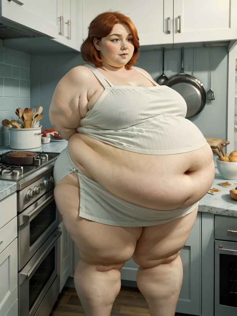 A muffin-baking photo of a middle-aged beautiful bottom heavy tradwife redhead ssbbw with pear-bodyhape, extreme wide hips, with short ginger hair soft fat belly, extremely wide fat obese hips, very obese legs, thick fat wide legs and fat arms, huge wide butt, cute pretty face, small breasts, blue eyes, freckles, in a long cooking apron in a kitchen, makeing lot ot muffins