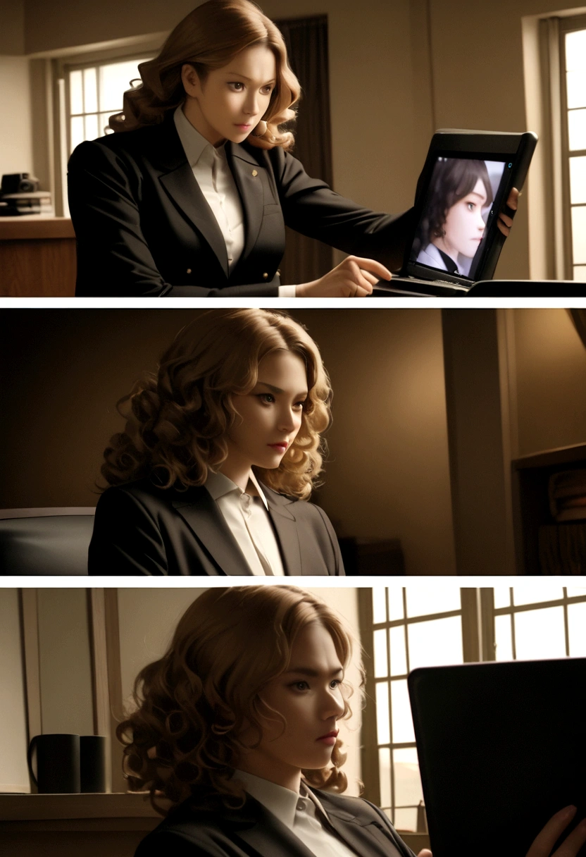 luxury faceless woman with light brown skin, curly hair, on the cellphone using a tablet computer in a room, working, still from a live action movie, profile pose, [ realistic photo ]!!, serious business, lazy, elegant look