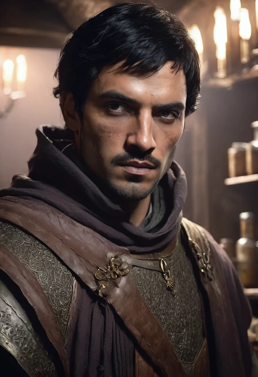 1 man, inside a medieval medicinal medicine room, wearing common medieval clothing, detailed facial features, dark and masculine eyes, detailed brown skin, short messy dark black hair, strong expression, thin physiognomy, huge scar covering the side of a face , dramatic lighting, cinematic composition, cool color palette, atmospheric fog, strong chin, manly man, (best quality, 4K, 8K, high resolution, art: 1.2), ultra-detailed, (realistic, photorealistic, photorealistic: 1, 37)