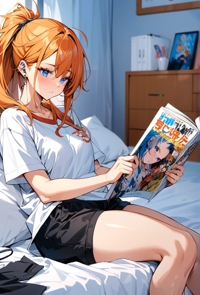 20 year old female, long orange hair, messy hair, ponytail, perfect eyes, perfect blue irises, perfect pupils, thick thighs, oversized shirt, black shorts, many ear piercings, reading manga, otaku bedroom, laying on back, messy bed, not looking, highly detailed, best detail, best hands, right forearm tattoo, perfect tattoo, perfect hands, perfect fingers, perfect anatomy