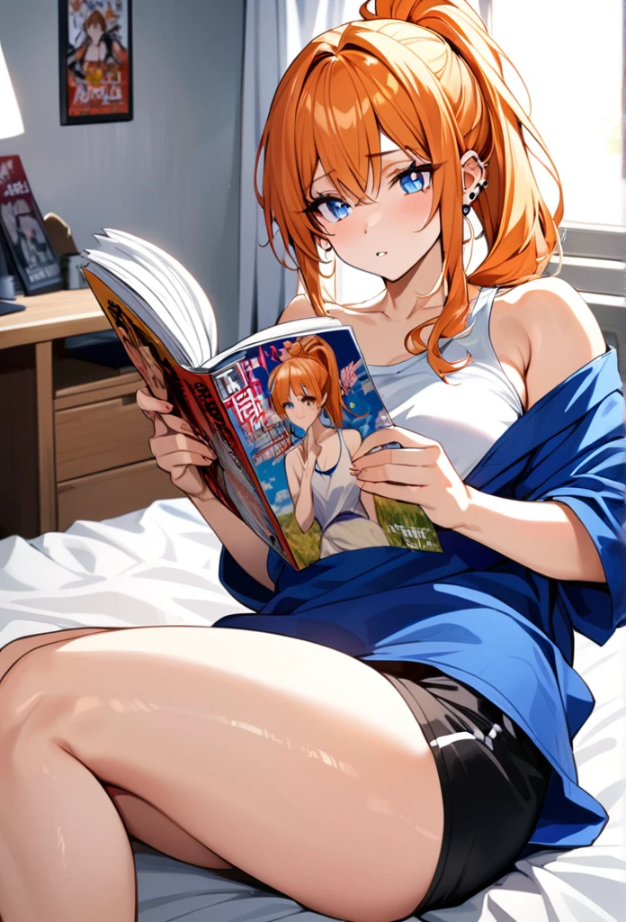 20 year old female, long orange hair, messy hair, ponytail, perfect eyes, perfect blue irises, perfect pupils, thick thighs, oversized shirt, black shorts, many ear piercings, reading manga, otaku bedroom, laying on bed, not looking, highly detailed, best detail, best hands, right forearm tattoo, perfect tattoo, perfect hands, perfect fingers, perfect anatomy