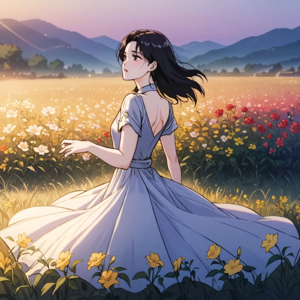 a beautiful korean idol woman in an open field of flowers, (best quality,4k,8k,highres,masterpiece:1.2),ultra-detailed,(realistic,photorealistic,photo-realistic:1.37),mature:1.3,sensual,seductive dress,soft cinematic lighting,dusk outdoor scene,depth of field
