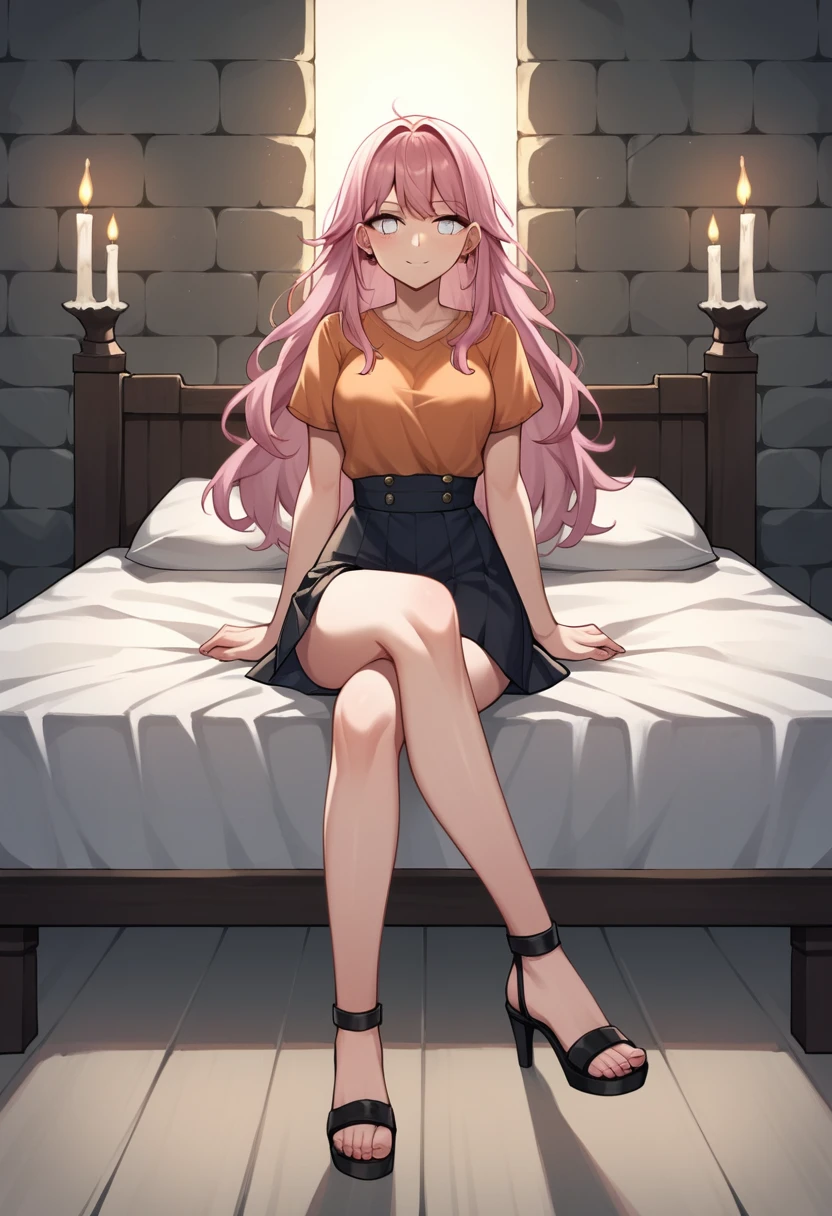 score_9, score_8_up, score_7_up, score_6_up, score_5_up, score_4_up, source_anime, 1girl,bed pink hair,long hair,white eyes, w-w-chain,crossed legs, knee to knee, spread arms, loose hair, black orange shirt,skirt,black high heels,sandals, evening,candles, dungeon, best quality, best res, 4K UHD,
 