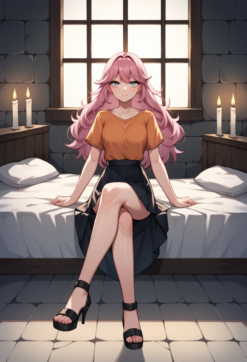 score_9, score_8_up, score_7_up, score_6_up, score_5_up, score_4_up, source_anime, 1girl,bed pink hair,long hair,white eyes, w-w-chain,crossed legs, knee to knee, spread arms, loose hair, black orange shirt,skirt,black high heels,sandals, evening,candles, dungeon, best quality, best res, 4K UHD,