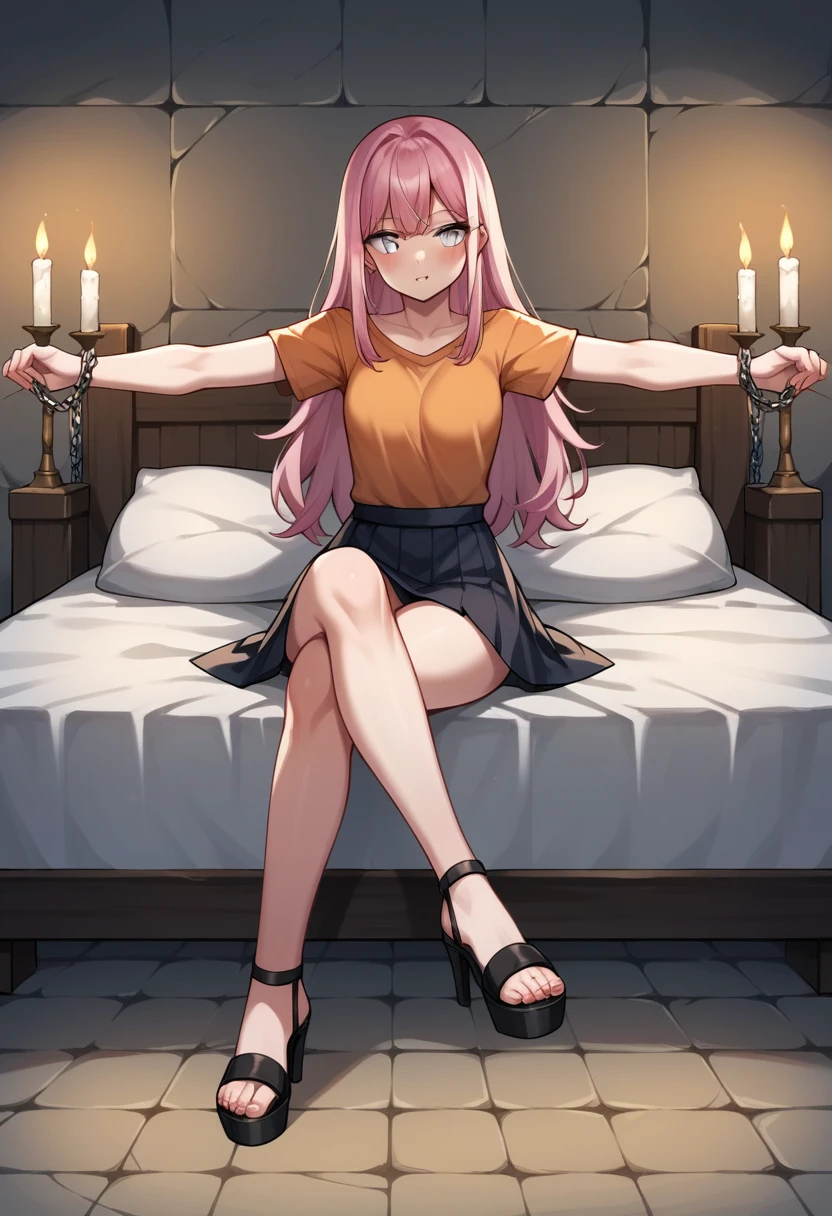 score_9, score_8_up, score_7_up, score_6_up, score_5_up, score_4_up, source_anime, 1girl,bed pink hair,long hair,white eyes, w-w-chain,crossed legs, knee to knee, spread arms, loose hair, black orange shirt,skirt,black high heels,sandals, evening,candles, dungeon, best quality, best res, 4K UHD,