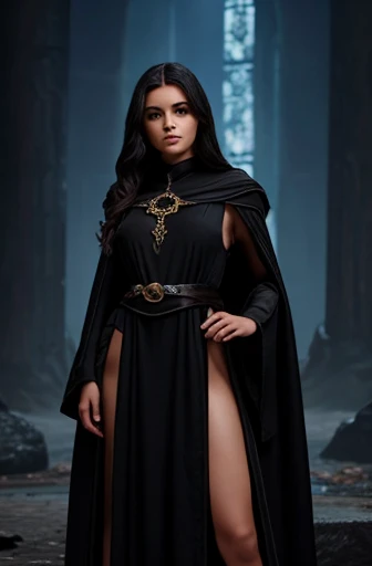 A powerful young female mage, dressed in fantasy black robes, speaking to animals, portrait style picture, full body, attractive, pretty face
