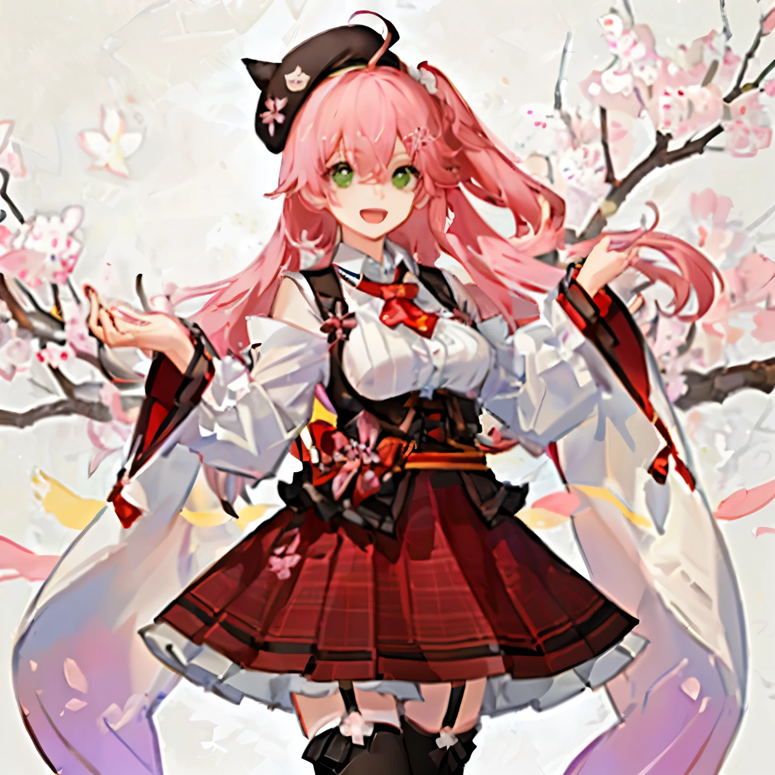 masutepiece, Best_Quality, hight_resolution, miko2,Ponytail, 1girl, Ahoge, black headwear, Hair Ornament, White shirt, black thighhighs, Pink hair, Red_skirt, very_short_skirt, plaid skirts, garter_strap, Collared shirt, hair clips, frilld, Bangs, hair between eye, frills skirt, beret, Pleated skirt, Hair Flower, Neck bell, , puffy long sleeves, Black bow, Underbust, Cowboy Shot,Smile, (large_breasts:1.3),covered_nipples, covered_pussy,green_eyes, happy, childlike_posing,spread_legs,(big_smile:1.2),plump,open_mouth,shout,half_eyes,cherryblossom_park_background,