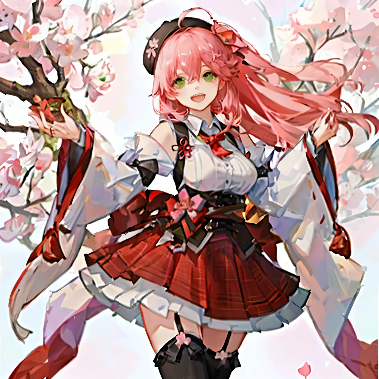 masutepiece, Best_Quality, hight_resolution, miko2,Ponytail, 1girl, Ahoge, black headwear, Hair Ornament, White shirt, black thighhighs, Pink hair, Red_skirt, very_short_skirt, plaid skirts, garter_strap, Collared shirt, hair clips, frilld, Bangs, hair between eye, frills skirt, beret, Pleated skirt, Hair Flower, Neck bell, , puffy long sleeves, Black bow, Underbust, Cowboy Shot,Smile, (large_breasts:1.3),covered_nipples, covered_pussy,green_eyes, happy, childlike_posing,spread_legs,(big_smile:1.2),plump,open_mouth,shout,half_eyes,cherryblossom_park_background,