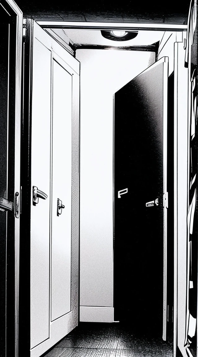 Create a black and white book cover with the shadow of a man hiding behind a closet in a horror thriller style