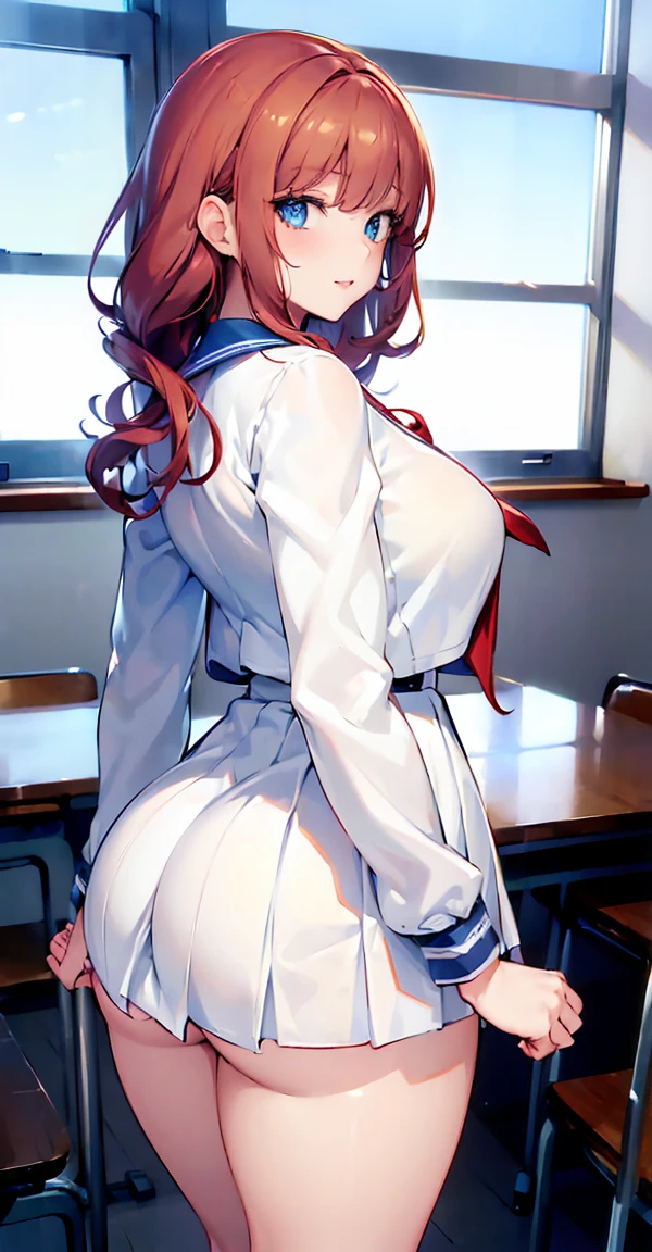 Super detailed, masterpiece, High resolution, Photorealistic digital art, perfect lighting, (((1 girl, perfect anatomy))), accurate right hand, accurate left hand, five fingers, perfect style, (Suletta Marcury), 3d face, big blue eyes, Detailed and beautiful eyes, glossy lips, Red curly hair, Beautiful brown skin, shiny skin, shy smile, (((white School uniform))), classroom, pov from back, bending,