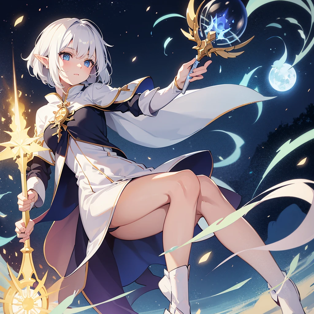 A white-haired elf girl in mage clothing holding a magical staff