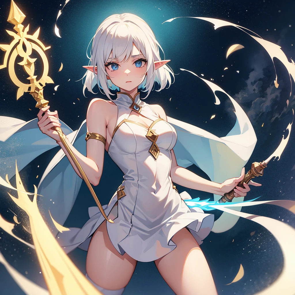 A white-haired elf girl in mage clothing holding a magical staff