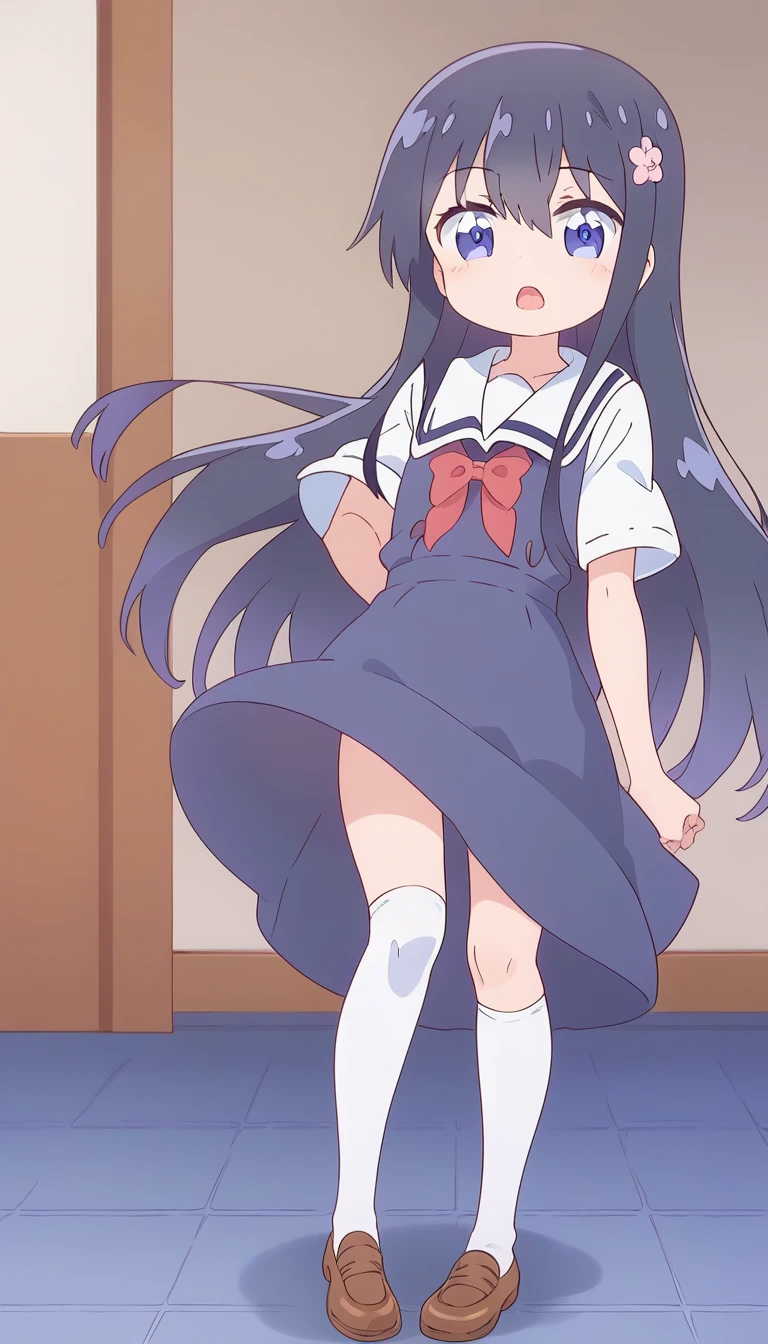 score_9, score_8_up, score_7_up, source_アニメ, masterpiece, 1girl, watahana, blue eyes, black hair, long hair, bangs, hair ornament, hair flower, pink flower, full body, looking at viewer, indoors, open mouth, White knee-highs、Water Play, Primary school students、Skirt fully open、Long wide skirt、cute、(White underwear)、blush、Watery eye、Lots of water、Wet、((The skirt spreads over the water surface.))、(Drowning)、Underwater Shot Of The Swimming pool