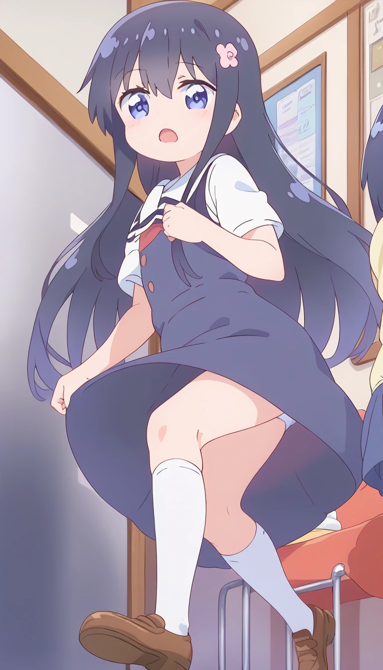 score_9, score_8_up, score_7_up, source_アニメ, masterpiece, 1girl, watahana, blue eyes, black hair, long hair, bangs, hair ornament, hair flower, pink flower, full body, looking at viewer, indoors, open mouth, White knee-highs、Water Play, 、Skirt fully open、Long wide skirt、cute、(White underwear)、blush、Watery eye、Lots of water、Wet、((The skirt spreads over the water surface.))、(Drowning)、Underwater Shot Of The Swimming pool