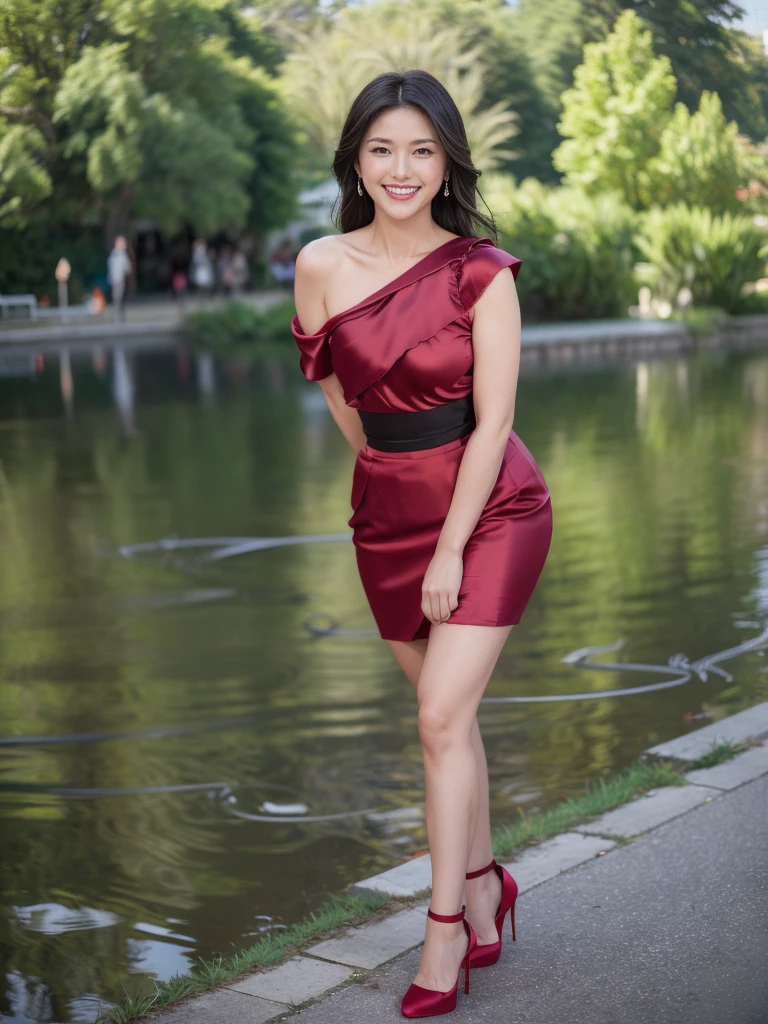 最high quality, 8K, Masseter area, Energetic, Clear focus, high quality, high resolution, Delicate face, Fine particles, thick lips, (Looking at the audience), Solitary, Beautiful woman, 20 years old, Plum, Black long hair,  (Water red spaghetti-shoulder satin skirt:1.5)，In front of the park garden,（Standing in the park：1.5）、((Smile:1.5))、((Wearing black high heels))，Tall