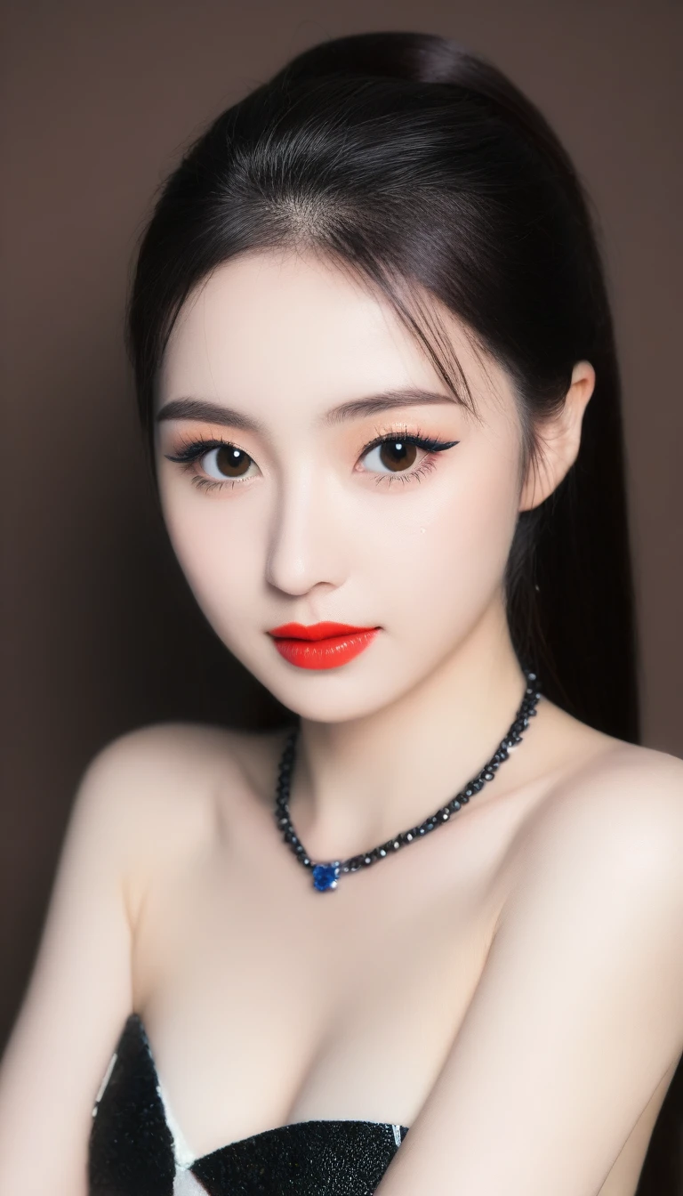 Ultra-realistic movie master pie with ultra-detailed primetime portraits, high quality, 8K, table top, Ultra HD), 1 girl 40 years old、nude supermodel, ((Random style and color hair)), masterpiece, high quality, high quality, High resolution、(close up of face), black_mascara put in Long eyelashes:1.5, dark (eyesshadows:1.35), (Glossy) red_lips:1.24, ((brown_eyes)), (iridescent eyes), vibrant eyes:1.35, high contrast, dark shot:1.5, (seductive smile), ((pink_makeup cheeks:1.2))