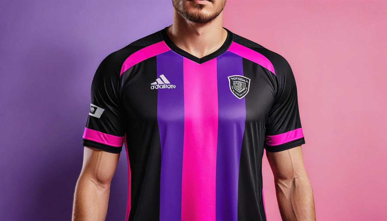 a close up of a soccer jersey with a pink and purple design, shirt design, tshirt design, t - shirt design, t-shirt design, neon pink and black color scheme, t shirt design, sports clothing, concept design, wearing a volleyball jersey, clothing concept, Image full center position contant full detali, clothing design, sport clothing, professional sports style, realistic clothing