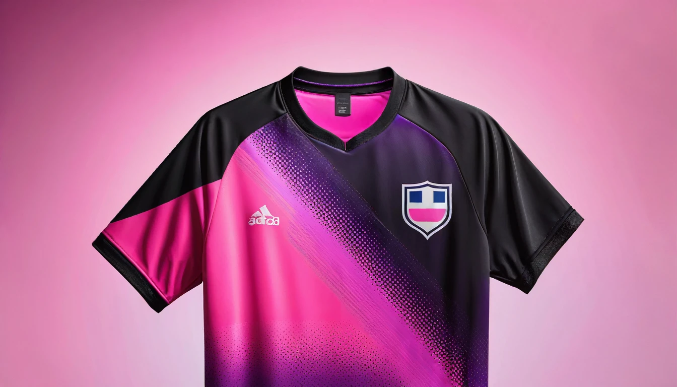 a close up of a soccer jersey with a pink and purple design, shirt design, tshirt design, t - shirt design, t-shirt design, neon pink and black color scheme, t shirt design, sports clothing, concept design, wearing a volleyball jersey, clothing concept, Image full center position contant full detali, clothing design, sport clothing, professional sports style, realistic clothing