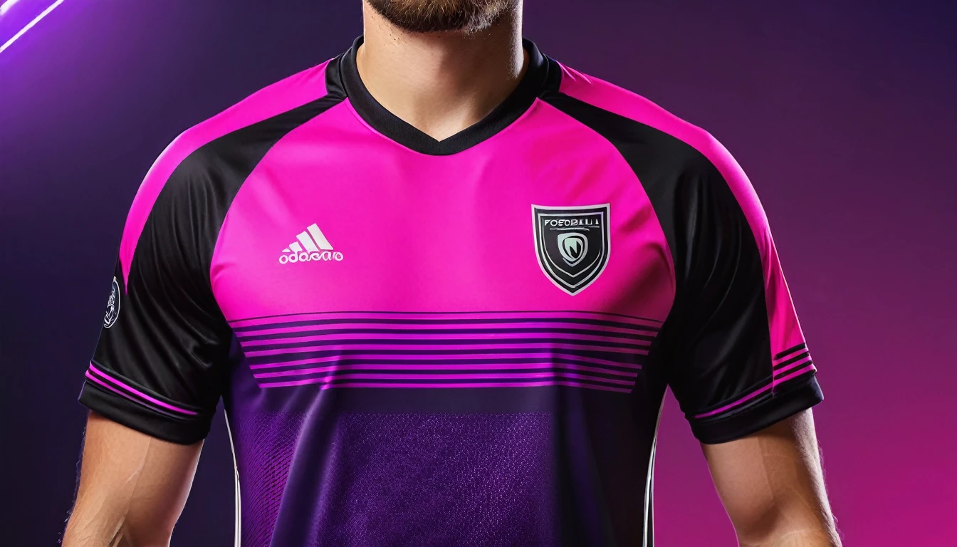 a close up of a soccer jersey with a pink and purple design, shirt design, tshirt design, t - shirt design, t-shirt design, neon pink and black color scheme, t shirt design, sports clothing, concept design, wearing a volleyball jersey, clothing concept, Image full center position contant full detali, clothing design, sport clothing, professional sports style, realistic clothing