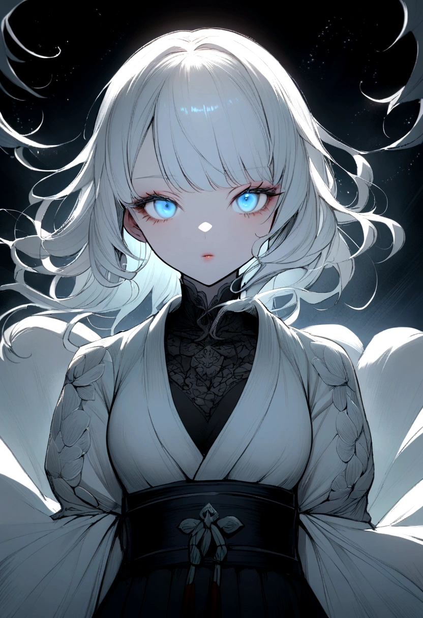 A kimetzu no yaiba woman with moon breathing with white hair and long eyelashes high , strong light blue eyes, and with a katana
