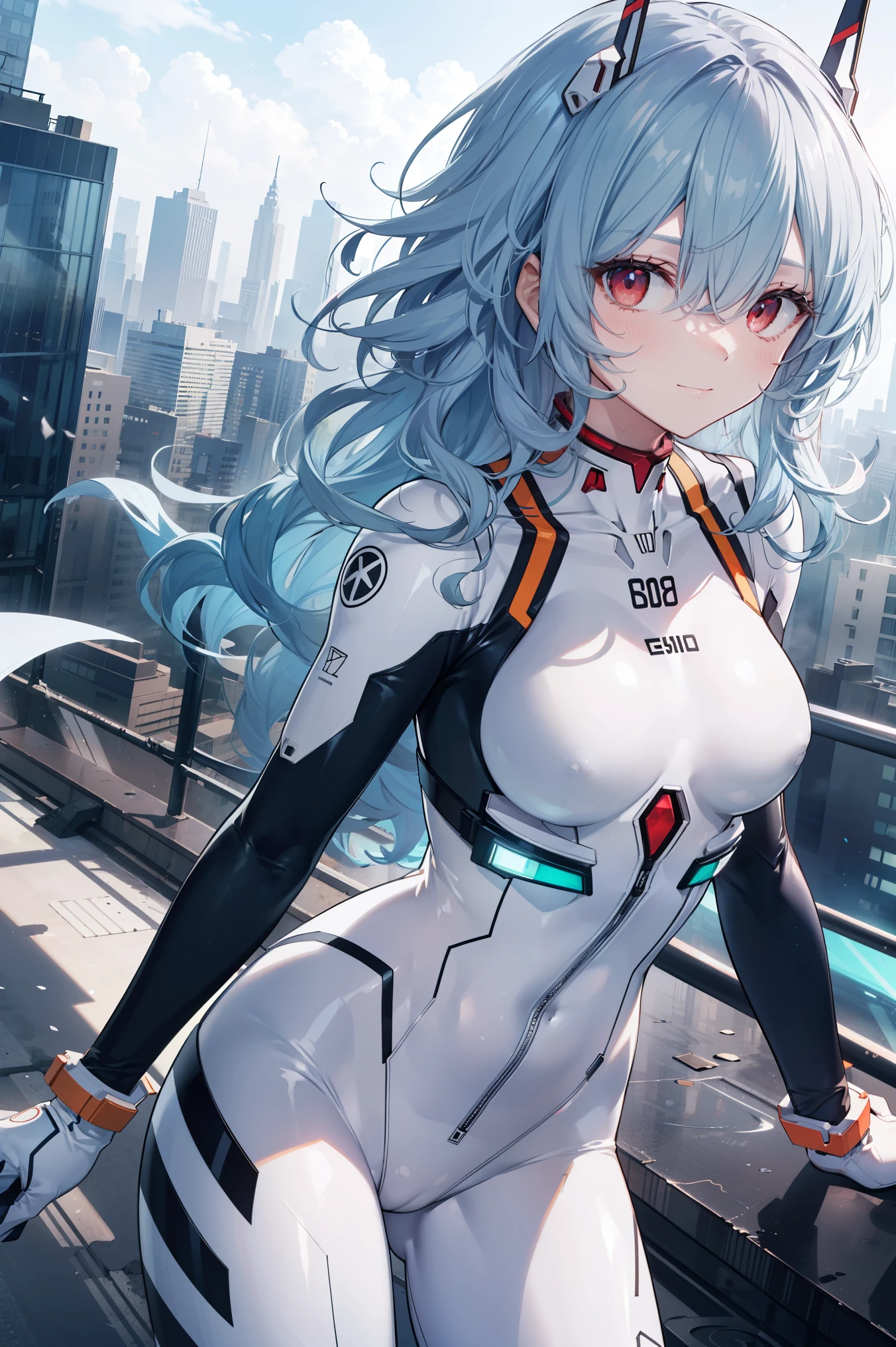 reiayanami, Rei Ayanami, Blue hair,(Long_messy_hair:1.4),(curly hair:1.4), (Red Eyes:1.5),light_smile,(half_eye:1.5)
BREAK bodysuit, headgear, plugsuit, White bodysuit,cowboy_shot,
BREAK outdoors, city,
BREAK looking at viewer, 
BREAK (masutepiece:1.2), Best Quality, High resolution, Unity 8k Wallpaper, (Illustration:0.8), (Beautiful detailed eyes:1.6), extra detailed face, Perfect Lighting, extremely details CG, (Perfect hands, Perfect Anatomy),