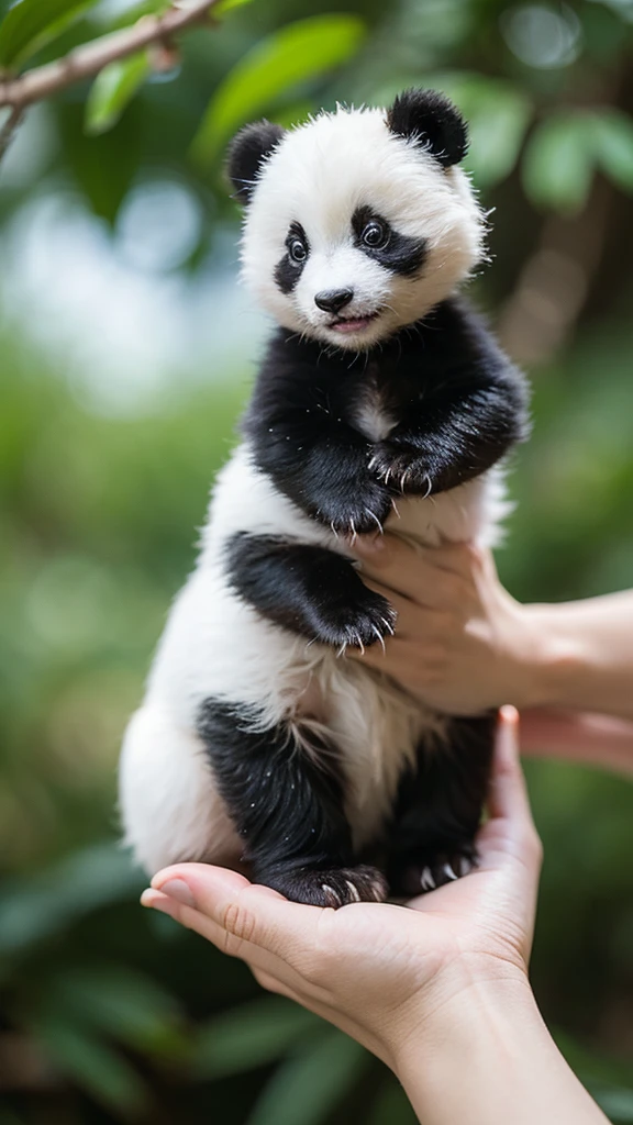 A mini panda cub sits on the palm of your hand, Surrounded by green trees,Sparkling. This photograph uses the focus stacking technique,Create surreal animal illustrations in the style of stuffed animal art. The cubs look cute and adorable,, High resolution and natural lighting. Bokeh effects and blurred backgrounds add to the UHD style.