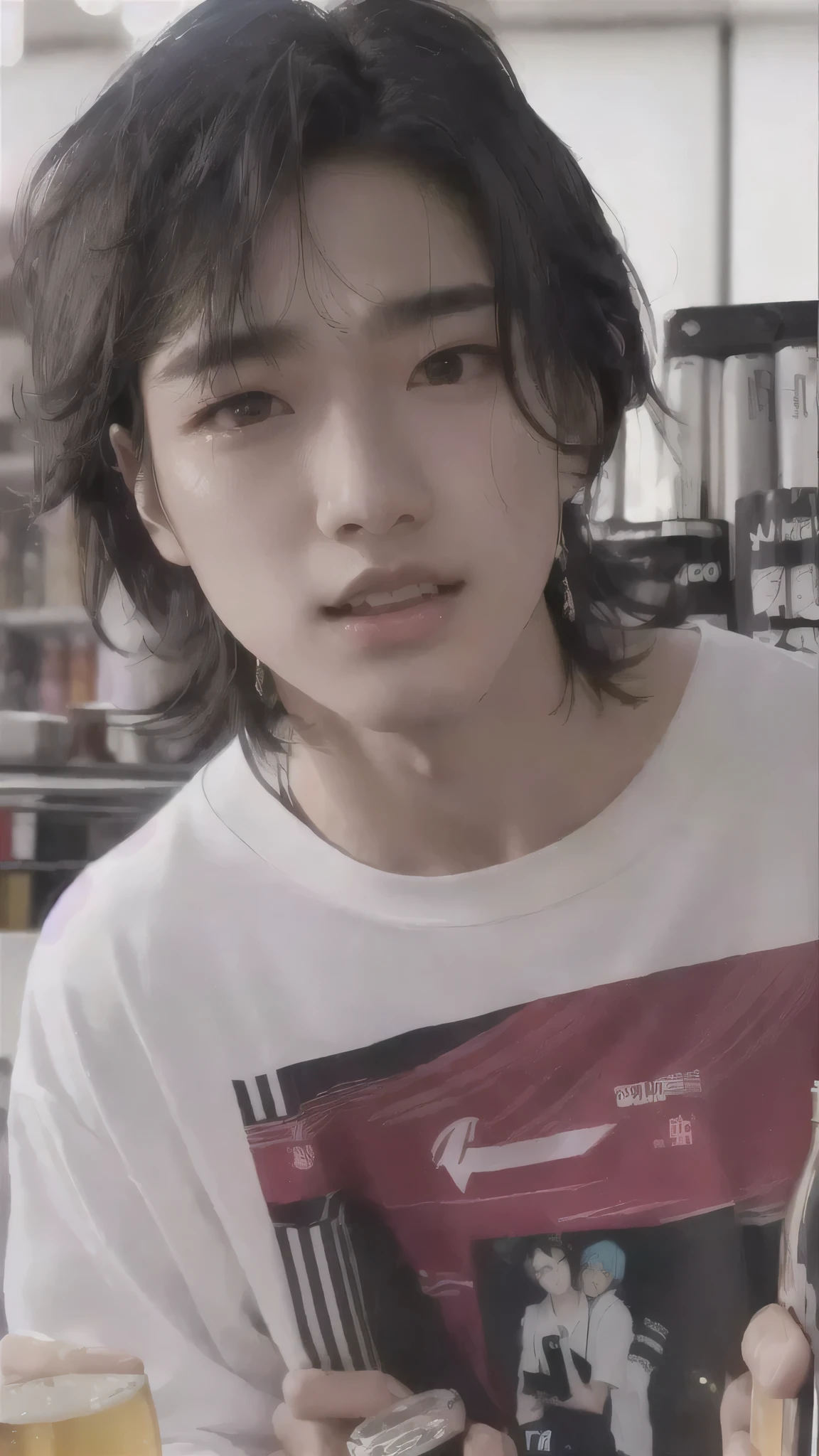 there is a man holding a magazine and a bottle of beer, cai xukun, jinyoung shin, wan adorable korean face, jungkook, young wan angel, black haired yoongi, xqc, hyung tae, taejune kim, jinyoung shin aesthetic, kim doyoung, yanjun chengt, jung jaehyun, hong june hyung, ten lee, steven jung, Hyunjin stray kids