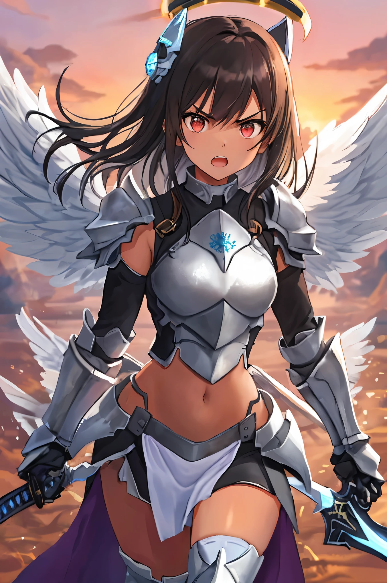 fantasy, 1angel_girl, low_, dark_brown_hair,long_bangs, (dark_skin)+, bare_shoulder, navel out, thighhighs,silver_shiny_armor, white_clothes,waist_armor, Glebe, hold_swords_emits_light, medium_breasts, dynamic_flying_pose,Floating, (1pair_white_wings:1.2),(pelvic_curtain:1.3), silver_Headgear ,looking_down_at_sunset_city_sky_background,,slightly_spread_legs, some_swords_emits_light,some_swords_emits_light_floating_around_the_girl,solo,glare_halo,angry,shout,open_mouth,open_legs,open_arms,rise_knee,rise_leg,rise_thigh,rise_leg,forward_leaning_posture,apart_legs,