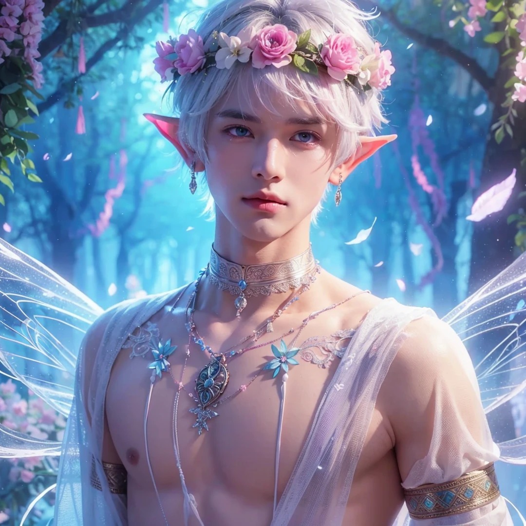 Handsome boy, white hair, white eyes, wearing light blue and pink flower crown, wearing white indian loin-cloth, elf ear, "surrounded by light blue, pink, and purple light, magic forest background