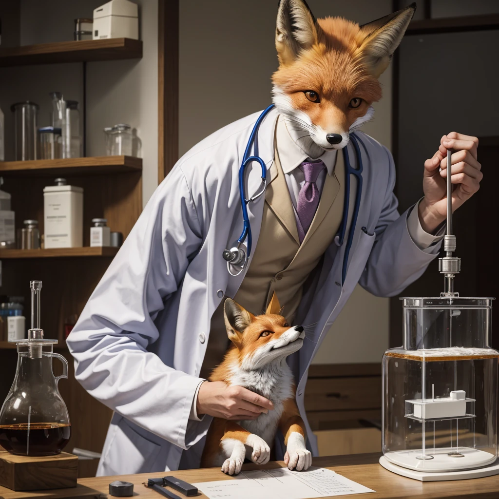 A fox dressed as a doctor, holding a laboratory mouse in its right hand and performing an experiment on it.