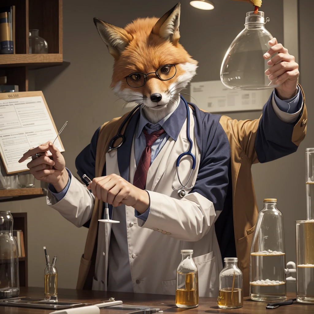 A fox dressed as a doctor, holding a laboratory mouse in its right hand and performing an experiment on it.