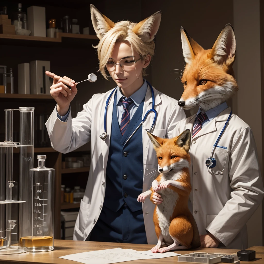 A fox dressed as a doctor, holding a laboratory mouse in its right hand and performing an experiment on it.