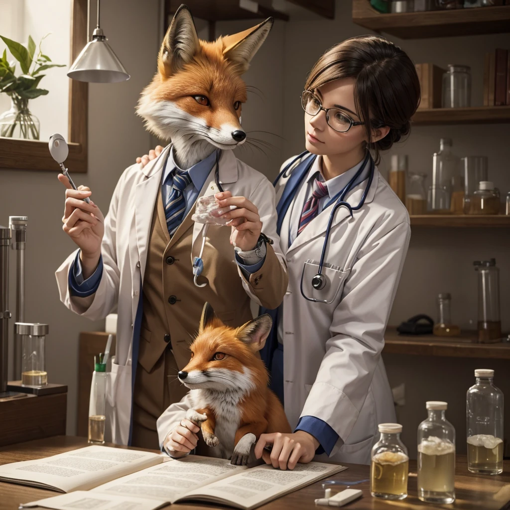 A fox dressed as a doctor, holding a laboratory mouse in its right hand and performing an experiment on it.