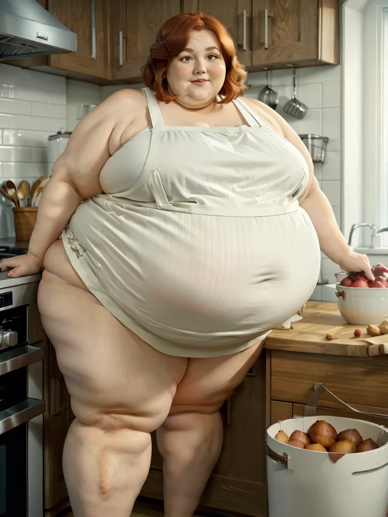 A muffin-baking photo of a middle-aged beautiful bottom heavy tradwife redhead ssbbw with pear-bodyhape, extreme wide hips, with short ginger hair soft fat belly, extremely wide fat obese hips, very obese legs, thick fat wide legs and fat arms, huge wide butt, cute pretty face, small breasts, blue eyes, freckles, in a long cooking apron in a kitchen, there is a plate of muffins on the desk