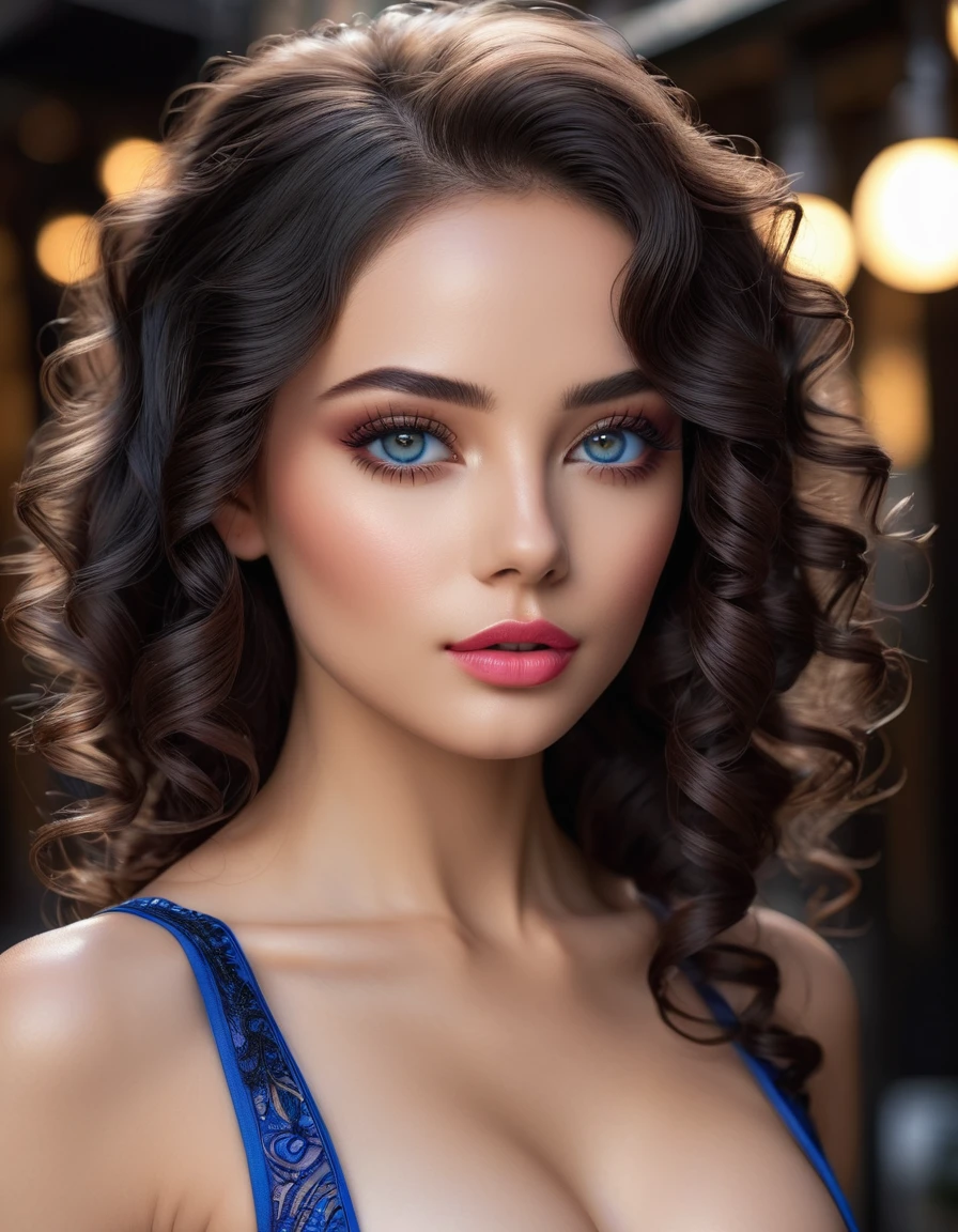 photorealistic Realism 16K Quality: (((ultra resolution, absurd detailed detail quality), absurd quality details clear non blurry and sharp perfectly round realistic brown_eyes:1.35), extreme Intricately details:1.35)), ([long(lashes)|perfect(eyeshadows)]:[blue|pink]), (super Detailed, beautiful little nose:1.2), (perfect composition), Depth of field, cinematic light, Lens flare, (extremely beautiful lips, eyes), a cute 1model:1.4 24yo, dslr, best high quality soft lighting, sharp focus captured by Fujifilm XT3, f 5.6, in a dramatic lighting, ((extremely beautiful cute sharp-face)), ((V-line jaw)), (light pale complexion), ((finely detailed pupils:1.4)), Perfekt makeup:1.35, ((detailed symmetrical lips:1.3)), pink_lipstick:1.3, ((long blue_eyeliner:1.15),extreme Intricately details), ((perfect dark_eyeshadows:1.35)), (Detailed nose:1.2), (perfect composition), (best high quality realistic texture skin), ((best high quality realistic texture long black hair, (curly waves), hyper Intricate details:1.45)), (Super beautiful body), (perfect female body:1.4), (small round head:1.4 (anatomically correct)), slim face, beautiful cheekbones, ((slim-muscled body:1.24)), ((firm and full breasts)), (super detailed professional makeup on face:1.3), perfect composition, (pale skin), ((dry skin)), (photorealistic, 4k,8k, extremely insanel realistic details, masterpiece), vibrant:1.2, (Upper body shot), ((highly elaborate extravagant microscopic street outfit:1.25)), perfect composition, ((look at the viewer)), Hasselblad, 85mm f/4.0