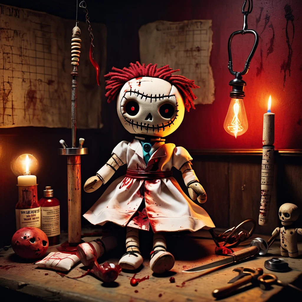 (knitted toy voodoo doll:1.5), (Voodoo Bloody Doctor:1.6), (Clothing: blood-stained doctor's coat with dark symbols:1.0), (Accessories: enchanted cursed scalpel, glowing sinister medical tools:1.1), (background: abandoned hospital with flickering lights, eerie moans, and spectral patients:1.2), best quality, masterpiece, detailed soft oil painting, detailed background, dramatic cinematic lighting, soft edge lighting, professional, dramatic lighting, hard edge lighting, ultra quality, 4k, masterpiece, best quality, 8k, ultra high definition, high resolution, extremely detailed
