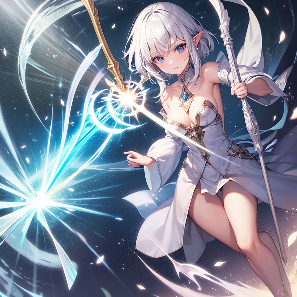 A white-haired elf girl in mage clothing holding a magical staff