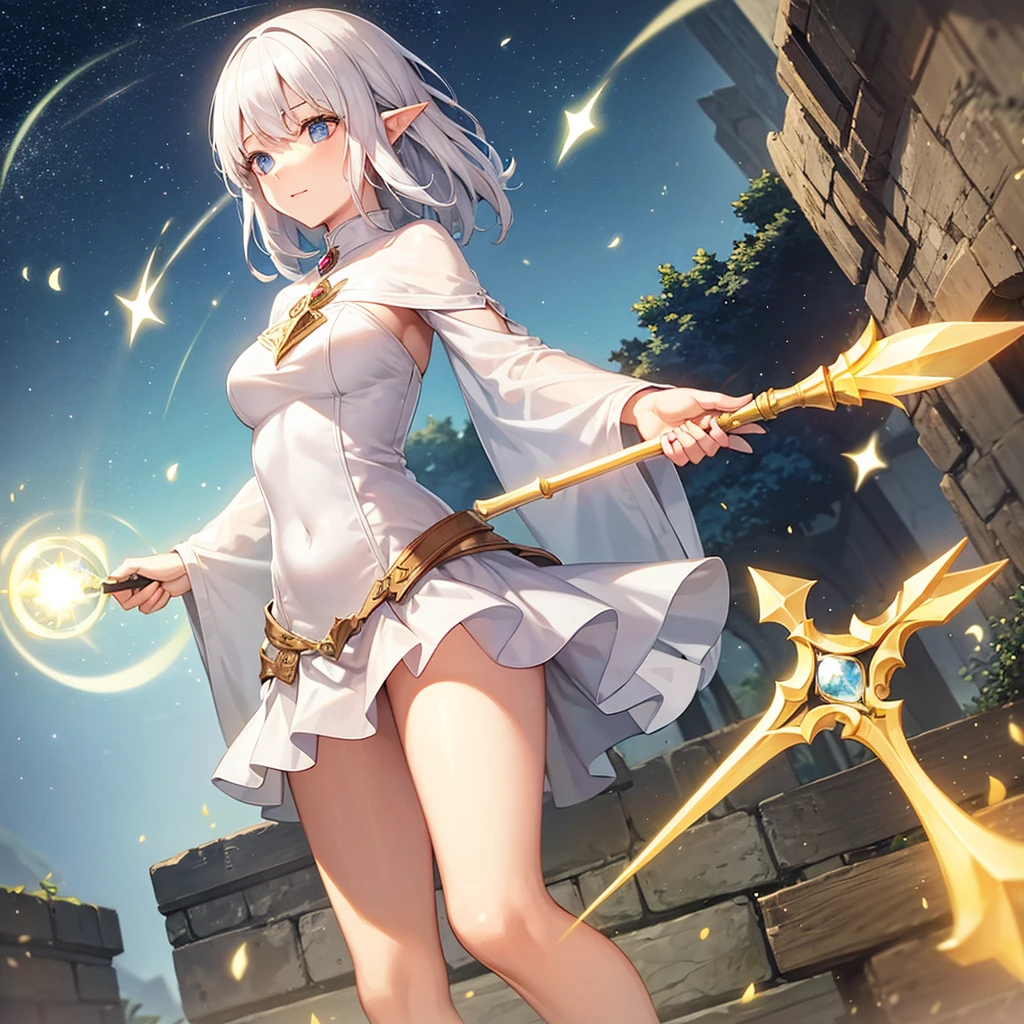 A white-haired elf girl in mage clothing holding a magical staff