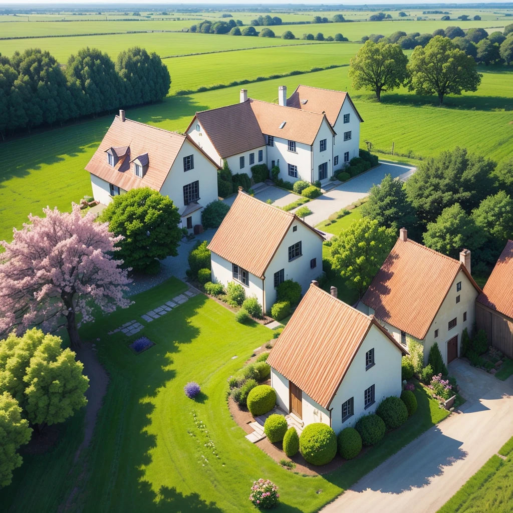 house in the countryside, low pasture, apple tree, Cherry tree, Orange tree, lemon Tree, Beautiful and flowery garden