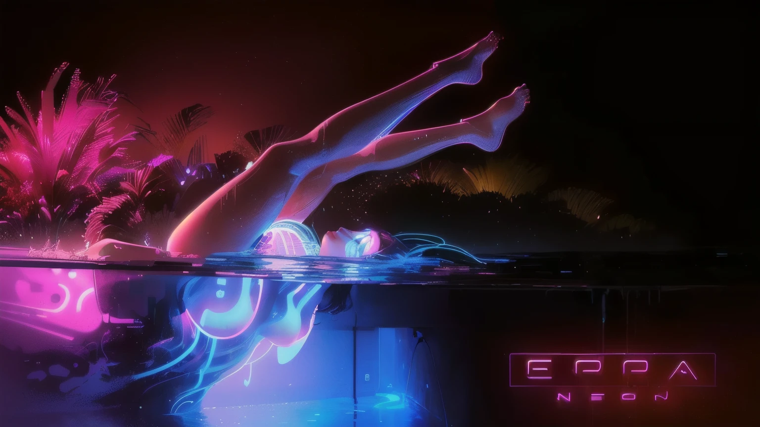 brightly lit image of a woman floating in a pool of water, 3 d neon art of a womens body, promo art, neon noir, neon jacuzzi, neon digital art, retrowave epic art, neon light and fantasy, neon ambience, stylized neon, artem demura beeple, beeple. hyperrealism